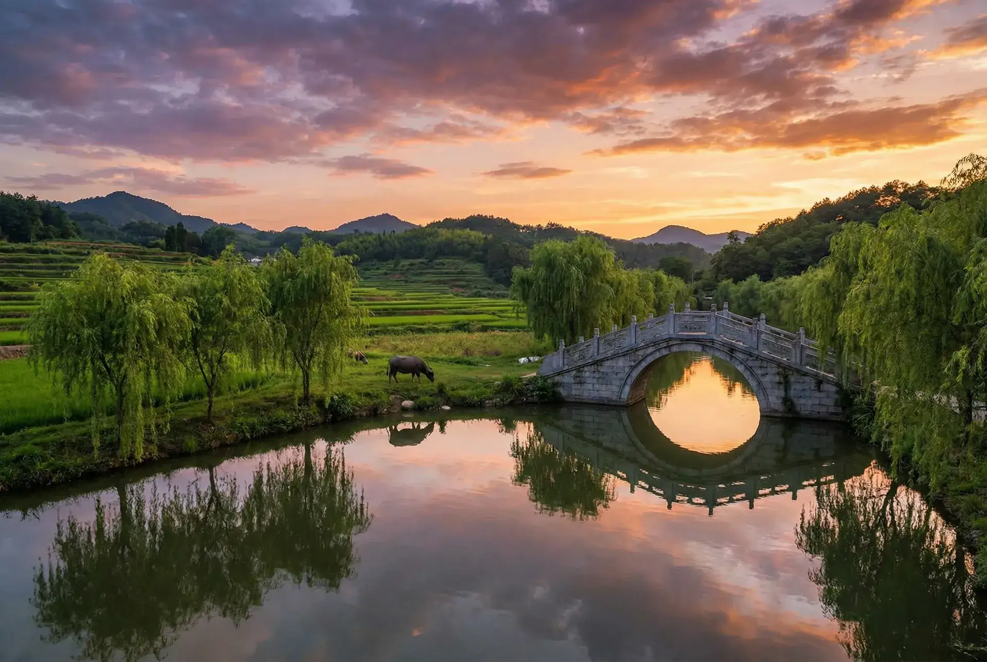 夕阳下的石拱桥与垂柳，水牛在河边吃草 - 足球尤物 乡村美景